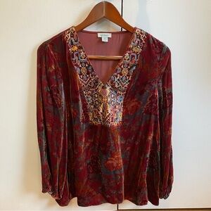 Sundance Velvet Floral Embroidered Top Burgundy size XS